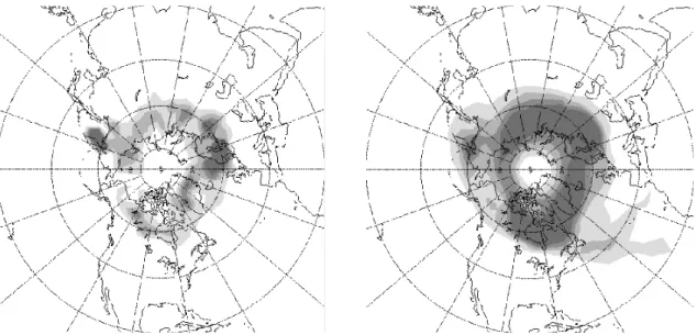 Fig. 4. Spatial distribution of in-out exchanges between 500 and 660 K in January and February (top) and the locations of these air parcels in the subsequent 10 days (bottom)
