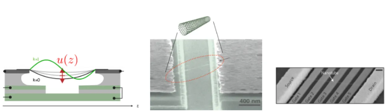 Figure 1.2: Left: Schematic picture of a suspended carbon nanotube quantum dot between two conducting contacts, with the flexural modes labelled by the index k and with u(z) as the local displacement (from [11])