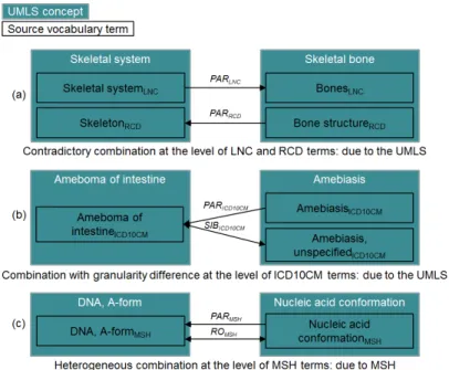 Figure 2.6 – Illustrations de l’existence de relations multiples entre concepts UMLS (source : [102]) : (a) une combinaison contradictoire générée au moment de l’intégration des RTOs LOINC (LNC) et Read Codes (RCD) dans l’UMLS, (b) une combinaison de relat