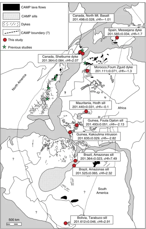 Figure 1 | Map of the circum-Atlantic region during the Latest Triassic. The positions of CAMP dykes, sills and ﬂows are shown, along with locations of the dated samples, ages in Myr with associated 2 sigma uncertainties and eHf isotope values