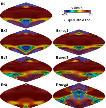 Figure 9: Sinusoidal (Sanson-Flamsteed) projection of the radial velocity and open magnetic field lines (blue dots) on the Hermean surface (same simulations than Fig