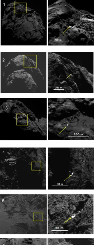 Fig. 2. NAC OSIRIS images (first column) for the eight spots reported in Table 1 with a zoom on the spot (second column)