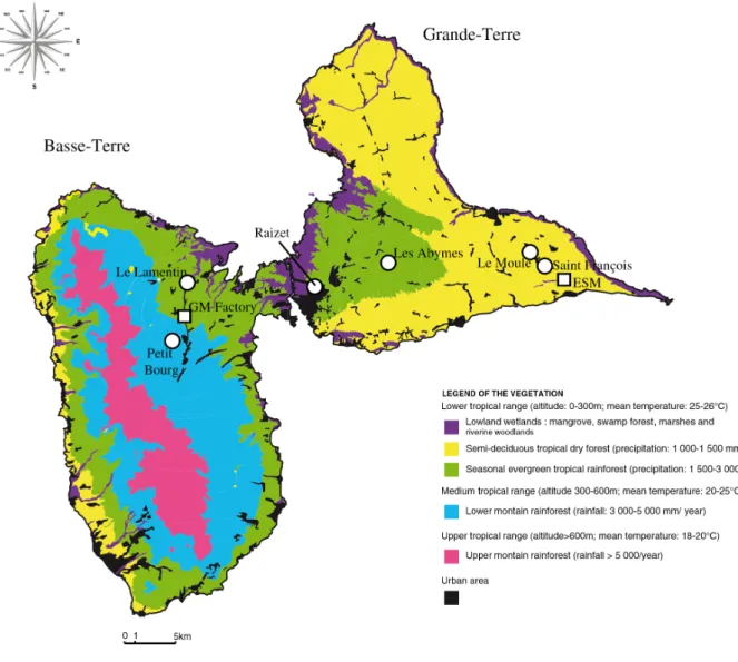 Fig. 1. Location of both sites (squares) Ecurie Sainte-Marthe (ESM) and Grosse Montagne Factory (GM Factory), as  well as the location of the Météo-France weather stations (circles) on the vegetation map of the Guadeloupe (Lesser 