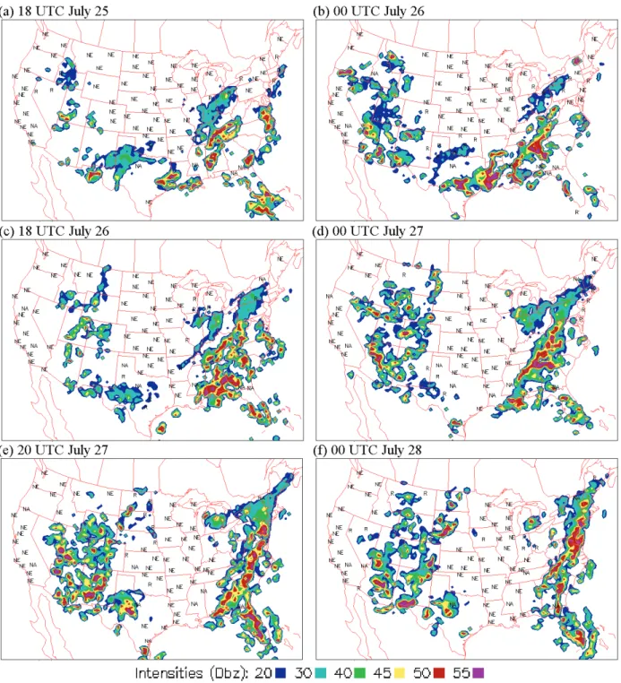 Fig. 4. Manually Digitized Radar images for 18:00 UTC and 00UTC 25–28 July 2004. The image of 18:00 UTC 27 July is not available, so 20:00 UTC was in this figure.