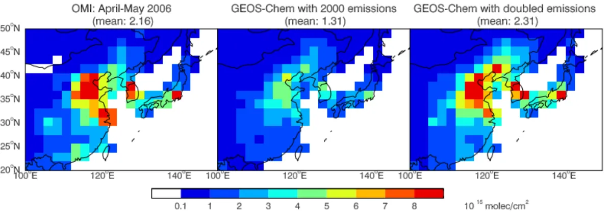 Fig. 2. Mean tropospheric NO 2 columns from OMI and the GEOS-Chem model in April–May 2006 over eastern Asia