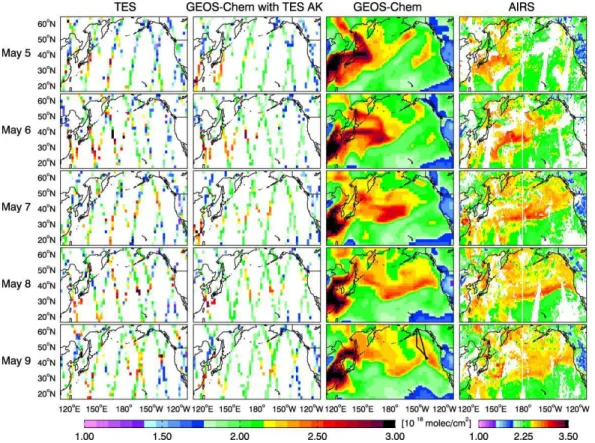 Fig. 7. CO columns from AIRS, TES and the GEOS-Chem model during the 5–9 May transpa- transpa-cific Asian pollution event observed by the INTEX-B aircraft