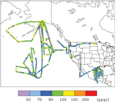 Fig. 3. Large-scale distribution of Hg ◦ in the Mexico City area and over the North Pacific.