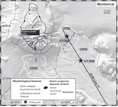Figure 3. Montserrat and the surrounding seaﬂoor showing marine landslide deposits outlines