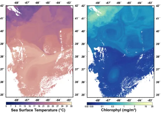 Figure 2. Image of sea surface temperature and chlorophyll (courtesy of NASA for research and educational use, http://oceancolor.gsfc.nasa.