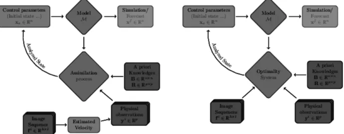 Figure 5. Schematic representation of the use of images in data assimilation: assimilation of pseudo-observations (left panel); direct assimi- assimi-lation of images (right panel).