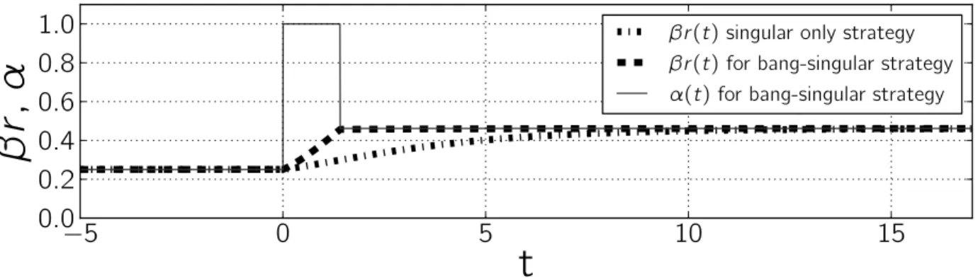 Fig. 2. Bang-singular versus singular control strategies. Bang-singular control drives the gene expression machinery abundance r faster to the optimal value r opt than singular control.