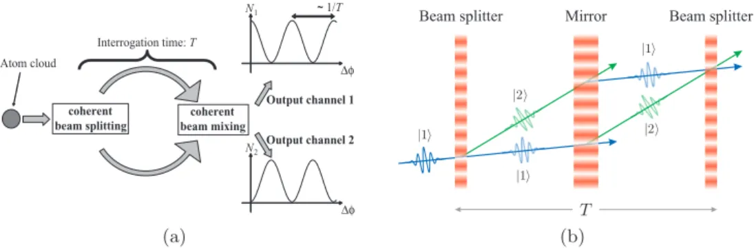 Fig. 1. – (Colour online) (a) Principle of an atom interferometer. An initial atomic wavepacket is split into two parts by a coherent beam-splitting process