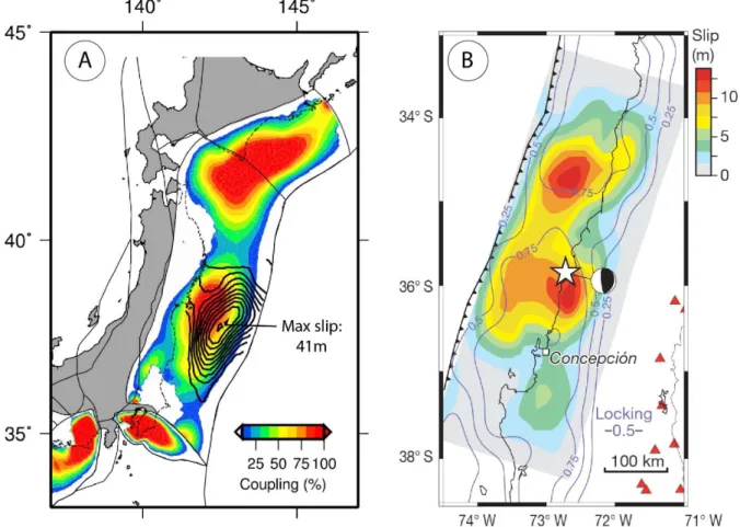 Figure 4: Comparison of interseismic coupling and coseismic slip for the 2011 Tohoku-Oki  earthquake in NE Japan (Loveless and Meade, 2011) and the 2010 Maule earthquake in  Chile (Moreno et al., 2010)