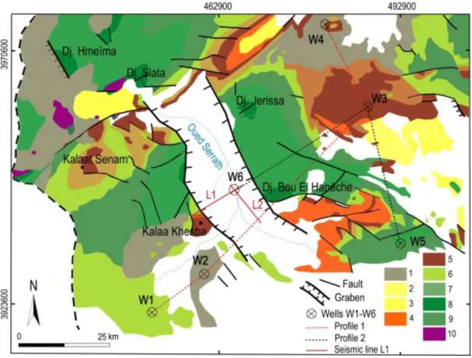 Fig. 1: Simplified geological map of the study area extracted from the map of Tunisia at 1/50,000, projected on a  WGS84  UTM  Z32  N  system