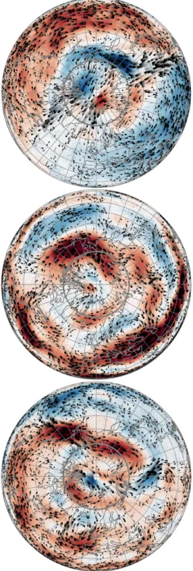 Figure 9.9: Equatorial cross-sections of core motions, viewed from the North pole: passive tracer trajectories (black) superimposed with u φ (colorscale within ±30 km/yr, red westward)