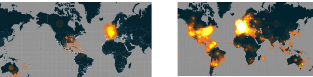 Figure 1. La propagation virale du hashtag (#JeSuisCharlie) à travers le monde durant les premières 24 heures  après l’attentat (Morelli, 2016, p