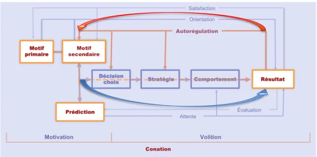 Figure 40. L’abduction de la boucle autorégulatrice de la conation dans les collectifs (inspirée de Fenouillet, 2012)  Bien entendu, vivre cette expérience optimale — nécessairement individuelle, mais partageable — au sein d’un  collectif constitue un bouc