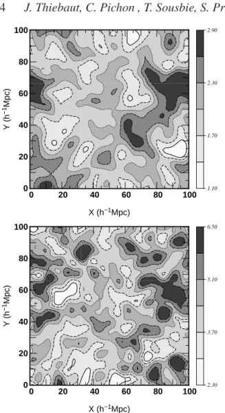 Figure 2. Logarithm of the projected density of the pixels ( top frame) and their associated Lyapunov exponent ( bottom frame), for a projected 10h −1 Mpc slice S 2 at a = 0.35