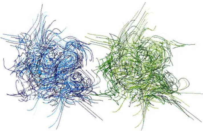 Figure 2. Field lines of the input (left) and the recovered (right) fields for a 64 3 reconstruction with N ν = 64 frequencies