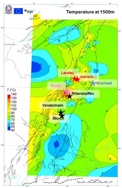 Figure 1: Present-day and future exploitation geothermal site on temperature map at 1 500 m depth within the Rhine  Graben (data from LIAG)
