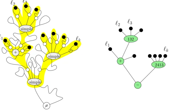 Figure 10. À gauche, le squelette stylisé d’un arbre codant pour une grande permutation dans C ∩ S n , avec k feuilles ` 1 , 