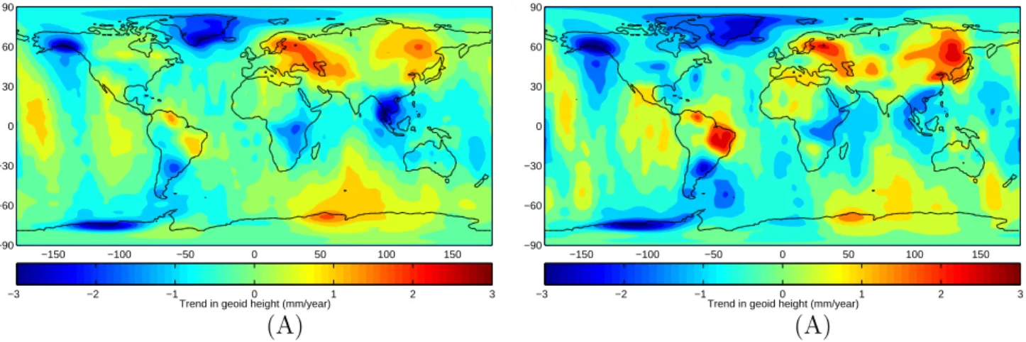 Figure 2: Linear trend in geoid height form July 2002 to September 2005 (A); time interval before Sumatra event (B)