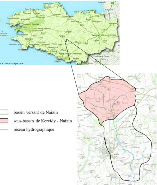 Figure 2-1 : Localisation du bassin versant de Naizin et du sous-bassin de Kervidy-Naizin