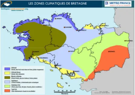 Figure 2-2 : Zones et caractéristiques climatiques de Bretagne 
