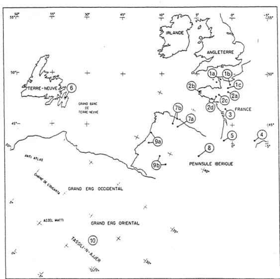 Fig. I  ;  Répartition  géographique  des  colonnes  stratigraphiques  présentées  sur  la  figure  2.
