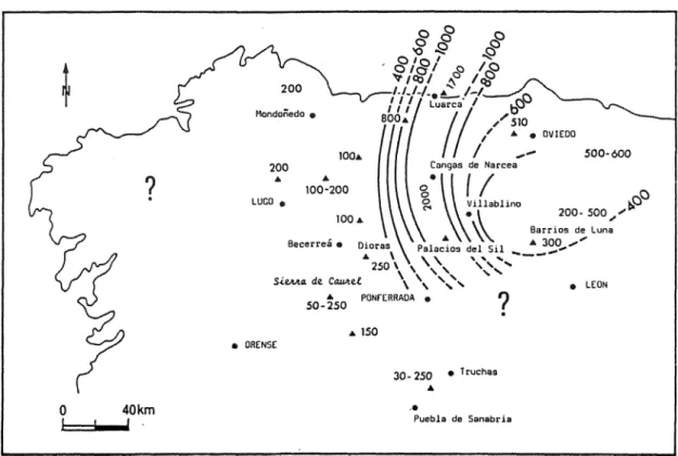 Fig# 17  î   Carte en  isopaques  du ‘'Gris Armoricain**  pour  les  Zones Cantabriques  et  Ouest-astu-  rienne-lêonaise  (puissances  exprimées  en mitres)*