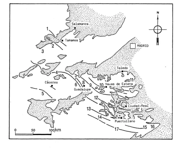 Figure 20  :  Carte  de  localisation des principales  structures  paléozoïques  de  la  Zone  Centre  Ibérique orientale  et centrale.