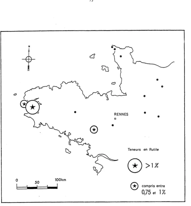 Fig.  48  ï  Localisation des  plus  forts  pourcentages  de  RUTILE  DETRITIQUE*  en dehors  des  lits  minérali­