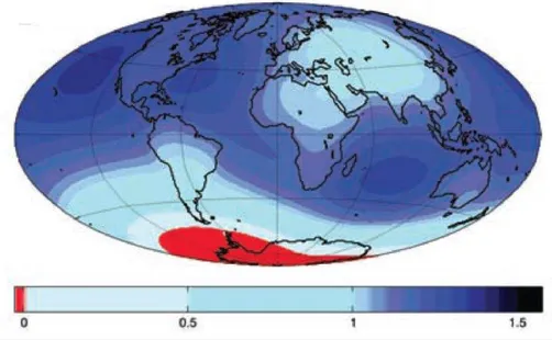 Figure 20 : Signatures spatiales des variations du niveau marin dans le cas d’une fonte  de l’Ouest de la calotte Antarctique  (Mitrovica et al., 2009) 