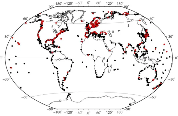 Figure 25 : Distribution géographique des stations marégraphiques sélectionnées pour la  base de données RLR du PSMSL 
