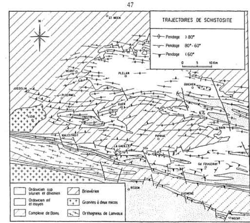 Fig  24  :  Trajectoires  de  Schistosité  dans  le  Briovérien  et  le Paléozoïque  de  Bretagne  Centrale  (d’après  Le  Corre,1978).