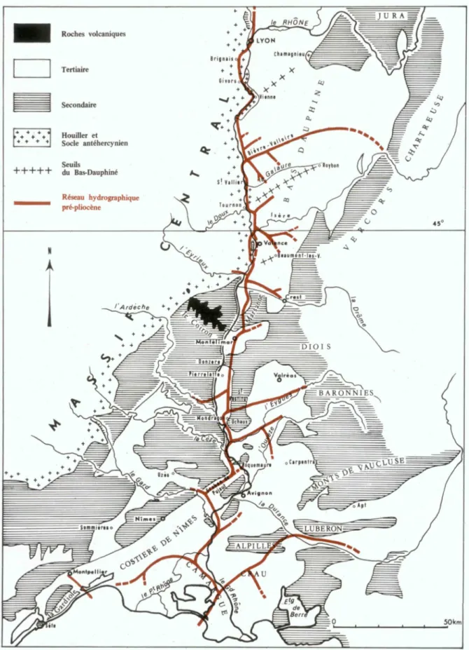 Figure a1 : Cartographie du réseau messinien dans le bassin rhodanien (d’après Ballésio, 1972) 