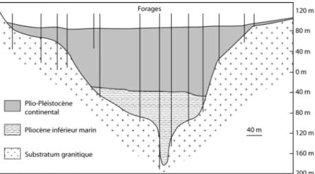 Figure a6 : Coupe transverse au niveau de Assouan montrant l’incision  messinienne du Nil enregistrée à plus de 1000 km de la ligne de côté, et où se  sont déposés les sédiments marins pliocènes consécutif au remplissage de la  Méditerranée (d’après Chumak