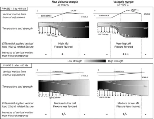 Figure 5 : Conséquences de la conduction thermique post-rift sur les mouvements  verticaux des marges passives