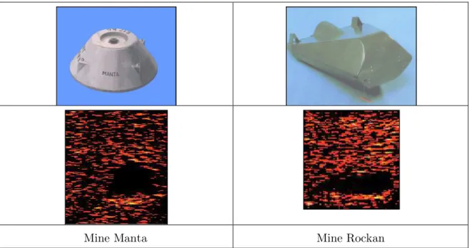 Figure 3 – Photos et images sonar des mines furtives Manta et Rockan (source : Thales) 
