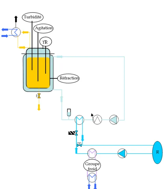 Figure 1.3 – Schéma de principe du pilote de laboratoire pour la cristallisation tel qu’utilisé pour la thèse de Baptiste MULOT :
