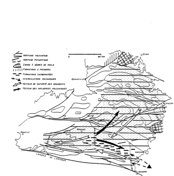 Figure  1-2  ;  Evolution  et  gradients  sédimentaires  dans  les  formations  briovériennes de  Bretagne  centrale  et  du  Bocage normand  (d’après  Chantraine  et  al.,  1982).