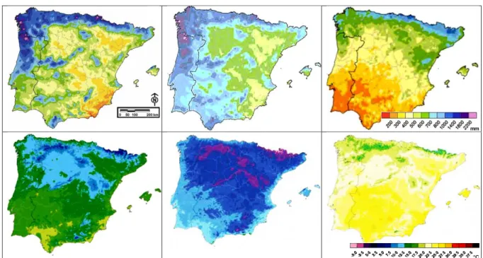 Fig.  6. Annual,  coldest  and  warmest  months  average  total  precipitation  and  temperature  in  Iberia  (1971-2000)  (from  Iberian  Climate  Atlas,  2010)