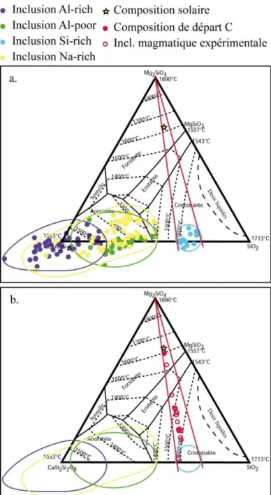 Figure 17 :  (a)  Composition  normative  des  quatre  types  d'inclusions  vitreuses  et la composition solaire, projetés dans  le  plan  forsterite-anorthite-silice  (d'après  Faure  et  al.,  in  press )