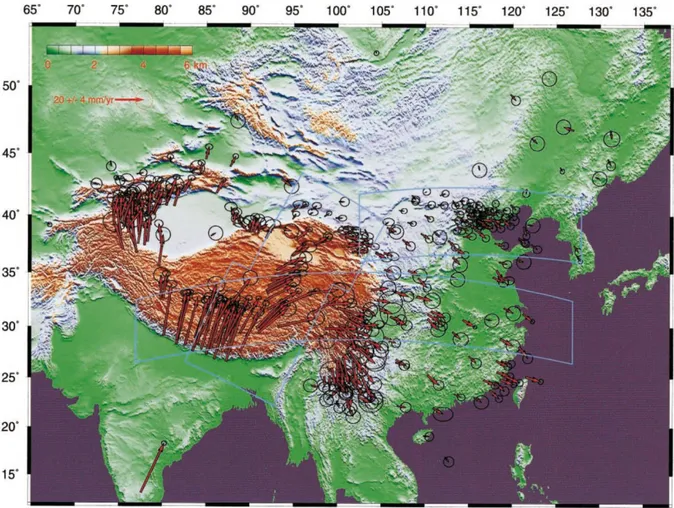 Figure I.3.2 : Vitesses GPS par rapport à l'Eurasie considérée comme stable, les ellipses représentent les erreurs  associées (Wang et al., 2001)