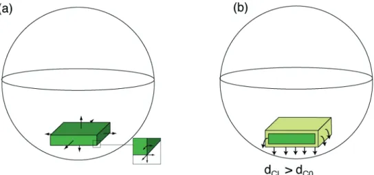 Figure 3-3  : Conséquences de l’immersion complète du cristal dans le liquide silicaté  : (a)  contributions  non-unidimensionnelles  du  flux  de  matière  le  long  des  arêtes  et  au  niveau  des  coins  du  cristal,  (b)  instabilités  gravitaires  de