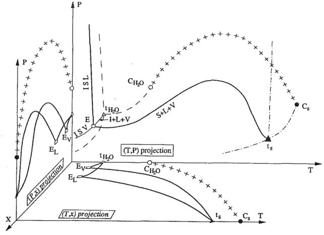 Figure  2.1  :  example  of a  simple  phase  diagram  involving  a  binary  aqueous  system  such  as  HzO-KCI