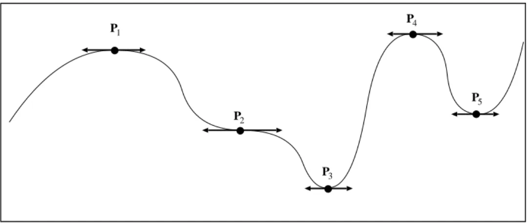 Figure 2.4: Points stationaires. Les points P 1 et P 4 sont des maxima locaux, P 2 est un point d’inflexion, P 5 un minimum local et P 3 le minimum global.