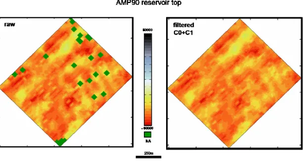 Figure 4-24 – Raw (left) and filtered (right) maps of the Reservoir top from AMP90 dataset
