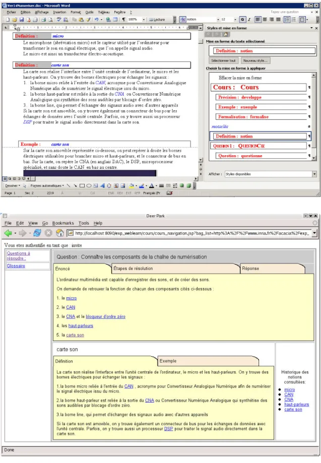 Figure 12.  Cours entré sous Microsoft Word (en haut) en utilisant des styles 