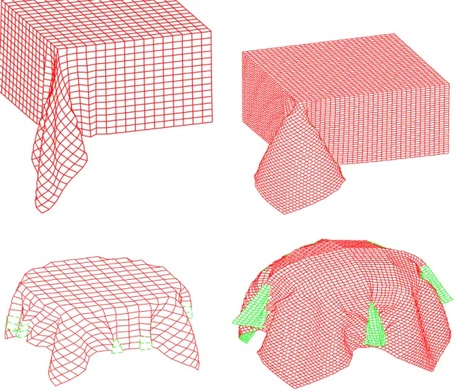 FIGURE 8: Four drape situations: a more or less flexible fabric hanging on the corner of a square table; a fabric hanging on a round table; a fabric falling on a sphere.